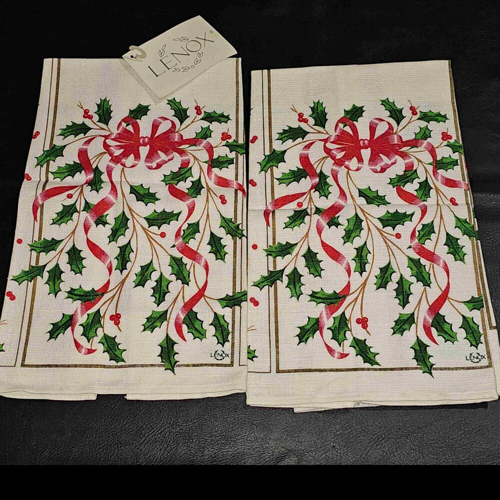NEW Lenox Red Gold Holly Ribbon Set Of‎ 2 Christmas Table Linens Holiday NOS